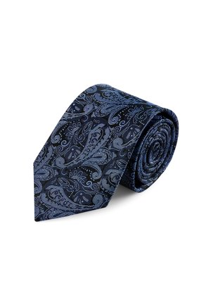 Gerollte marineblaue Krawatte mit einem filigranen hellblauen Paisley-Muster auf weißem Hintergrund.