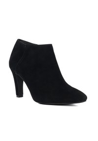 Black suede ankle boot with a pointed toe and a slim heel. Features a simple design and smooth texture for a sleek appearance.