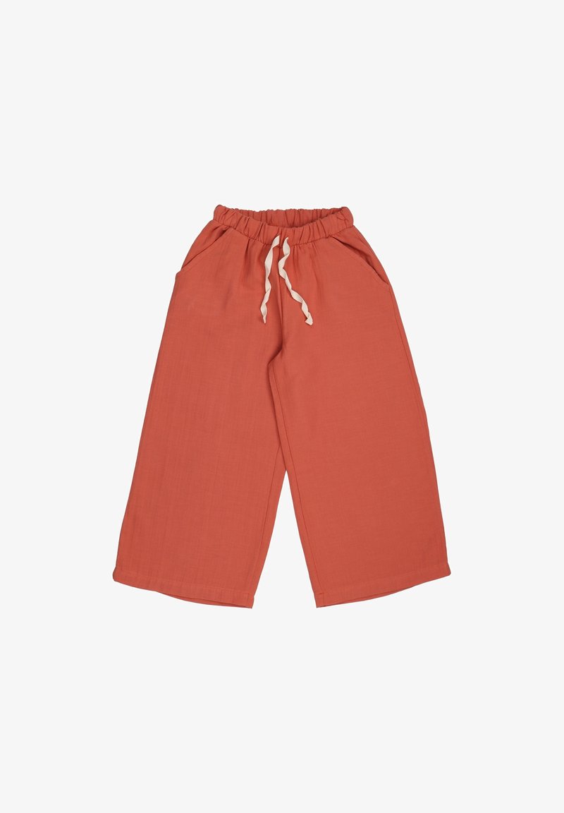 Wide-leg pants in terracotta, made of lightweight fabric. Features an elastic waistband with a drawstring and side pockets.