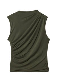 Ärmelloses olivgrünes Top mit drapierten Stofffalten auf dem Rücken, ausgestattet mit einem hohen Kragen und asymmetrischem Design.