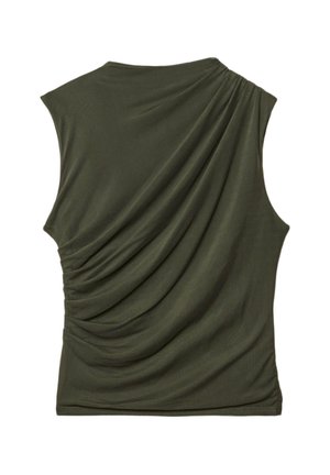 Top senza maniche di colore verde oliva con pieghe di tessuto drappeggiato sulla schiena, caratterizzato da un collo alto e design asimmetrico.