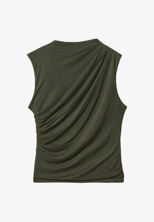 Mouwloze olijfgroene top met gedrapeerde stofplooien over de rug, voorzien van een hoge halslijn en asymmetrisch ontwerp.