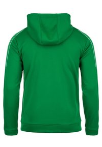 Felpa verde con cappuccio, maniche lunghe e strisce bianche sui lati. Realizzata in un tessuto spesso e liscio con un colore uniforme e senza pattern visibili.