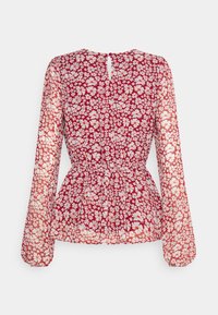 Rote Bluse mit floralem Muster, langen Ärmeln, einem Peplum-Taillenschnitt und einem Schlüsselaugenverschluss auf der Rückseite. Hergestellt aus leichtem, durchsichtigem Stoff.