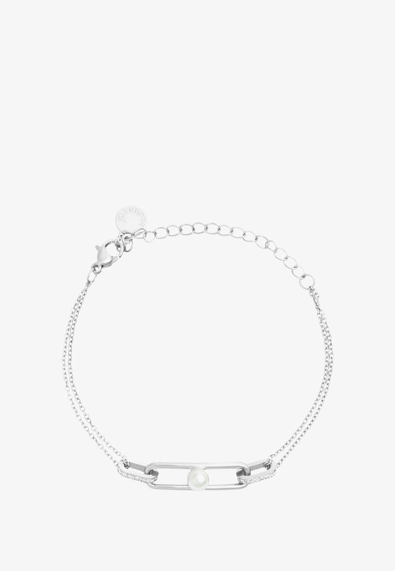 Sidabrinė grandinėlė su centrinės ovalios jungties, kurios centre yra maža perlas, ir papildomomis subtiliomis grandinėlėmis kiekvienoje pusėje. Apvalus užsegimas.