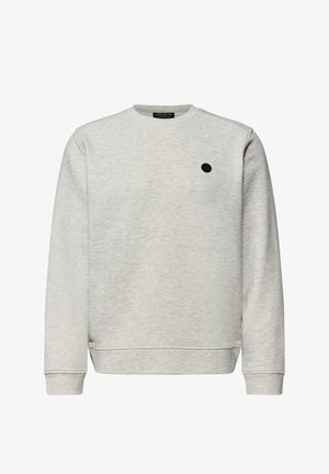 Vaaleanharmaa pitkähihainen pyöreäkauluksinen collegepaita, jossa vasemmalla rinnalla pieni musta pyöreä logo sekä resoreilla viimeistellyt hihansuut ja helma.