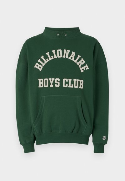 Green sweatshirt with high neckline, front pocket, and "BILLIONAIRE BOYS CLUB" printed in cream. Includes logo patch on left sleeve.