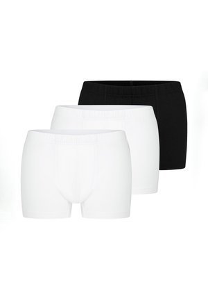 Drei Paar Boxer-Shorts mit elastischem Bund gestapelt, zwei weiße Paar vorne und ein schwarzes Paar hinten, schlichtes Design.