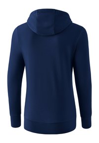 Marineblauer Hoodie aus weichem Stoff, mit verstellbarem Kapuzenzug, langen Ärmeln sowie geripptem Saum und Bündchen. Einfaches, minimalistisches Design.