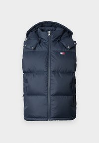 Navy puffer vest with a zippered front, adjustable hood, and two side pockets. Features logo on the left chest and quilted texture.