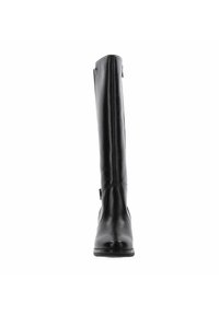 Stivale in pelle nera alto fino al ginocchio con finitura liscia, punta rotonda e hardware minimale. Presenta una cerniera sul retro e un tacco leggero.