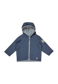 Marineblaue Kapuzenjacke mit grauem Innenfutter, ausgestattet mit Knopfverschluss und zwei Fronttaschen. Enthält ein grünes Patch am linken Ärmel.