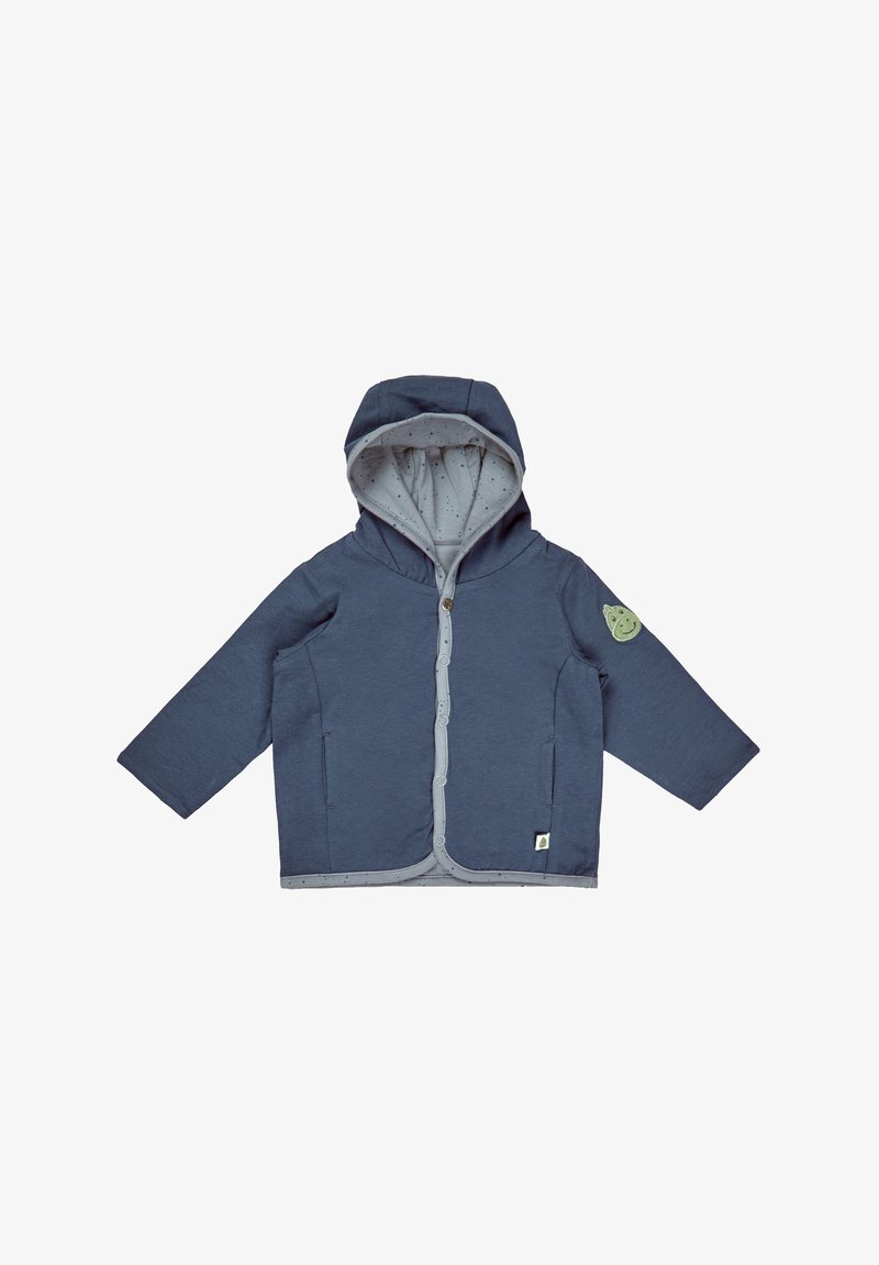 Navy blue hooded jacket with gray lining, featuring button closure and two front pockets. Includes a green patch on the left sleeve.