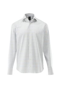 Camicia bianca a maniche lunghe con un motivo a griglia blu, chiusura con bottoni e colletto standard. Tessuto in cotone con una texture liscia.