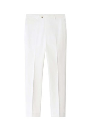 Pantalon blanc habillé sur mesure avec passants de ceinture, poches avant, fermeture par bouton et coupe slim fuselée.