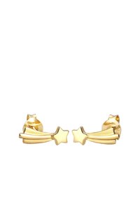Goldene sternförmige Ohrringe mit Halbmond-Designs; glatte Textur und glänzende Oberfläche; mit einem Stecker und einem Schmetterlingsverschluss gesichert.