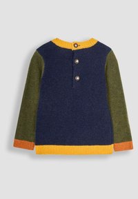 Strickpullover mit multicolor Design, navyfarbener Körper, gelbem Kragen, grünen Ärmeln und orangefarbenen Akzenten. Rückenschluss mit drei Knöpfen.