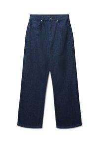 Jeans a gamba larga di colore blu scuro, realizzati in denim, con dettagli perforati sul davanti e tasche standard. Chiusura classica con bottone e cerniera.