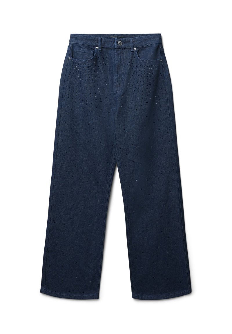 Jeans a gamba larga di colore blu scuro, realizzati in denim, con dettagli perforati sul davanti e tasche standard. Chiusura classica con bottone e cerniera.