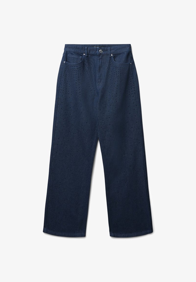 Dunkelblaue, weit geschnittene Jeans aus Denim, mit durchbrochenen Details auf der Vorderseite und klassischen Taschen. Klassischer Knopf- und Reißverschluss.