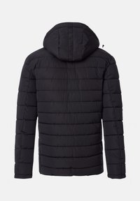 Giacca a vento nera con cappuccio, design trapuntato e dettagli a costine sul retro. Realizzata in tessuto leggero e isolante per garantire calore.
