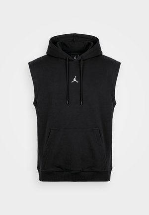 Zwarte mouwloze hoodie met voorvak in kangaroostijl, trekkoorden aan de capuchon en klein wit Jumpman-logo centraal op de borst.