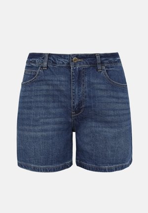 Shorts en denim bleu foncé avec bouton frontal, fermeture éclair, passants pour ceinture et poches avant, présentés sur un fond blanc.