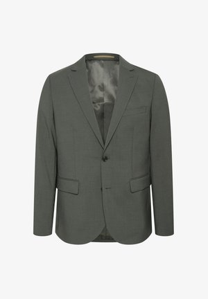 Siv blazer iz teksturirane tkanine, s sprednjim delom na dva gumba, obrobnimi lapeljami in dvema sprednjima žepoma. Podloženo notranjost brez vzorcev.