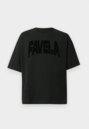 Black cotton t-shirt featuring large, textured "FAVELA" text across the front. Short sleeves, relaxed fit, round neckline, minimalistic design.