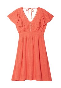 Korallenfarbiges Kleid mit kurzen, gerafften Ärmeln, tiefem V-Ausschnitt, gerüschtem Taillenbereich und Knopfverschluss vorne. Dezentes, glänzendes Streifenmuster im gesamten Kleid.