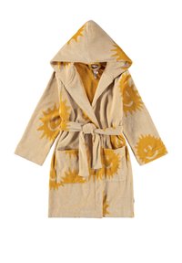 Accappatoio beige con cappuccio e motivi di sole sorridente giallo, con due tasche frontali e cintura annodata in vita, realizzato in tessuto di spugna.