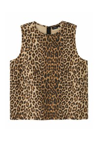 Top sin mangas de estampado de leopardo con cuello redondo y cierre de cremallera en la espalda. Fabricado con una tela suave de textura lisa.