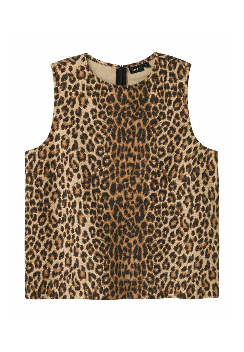 Top sin mangas de estampado de leopardo con cuello redondo y cierre de cremallera en la espalda. Fabricado con una tela suave de textura lisa.