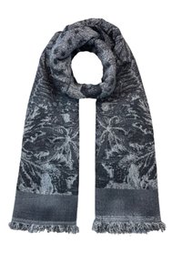 Écharpe grise en toile avec un motif floral, bords à franges et texture douce, disposée en style boucle.
