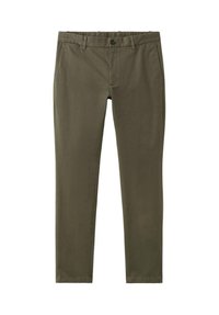 Chino verde oliva realizzati in tessuto di cotone liscio, caratterizzati da una chiusura con bottoni, passanti per cintura e gambe affusolate con un design minimalista.