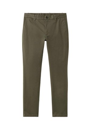 Chino verde oliva realizzati in tessuto di cotone liscio, caratterizzati da una chiusura con bottoni, passanti per cintura e gambe affusolate con un design minimalista.