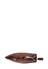 Burgundy zippered wallet with gold-tone hardware, leather exterior, and fabric lining. Contains keyring and space for small items.