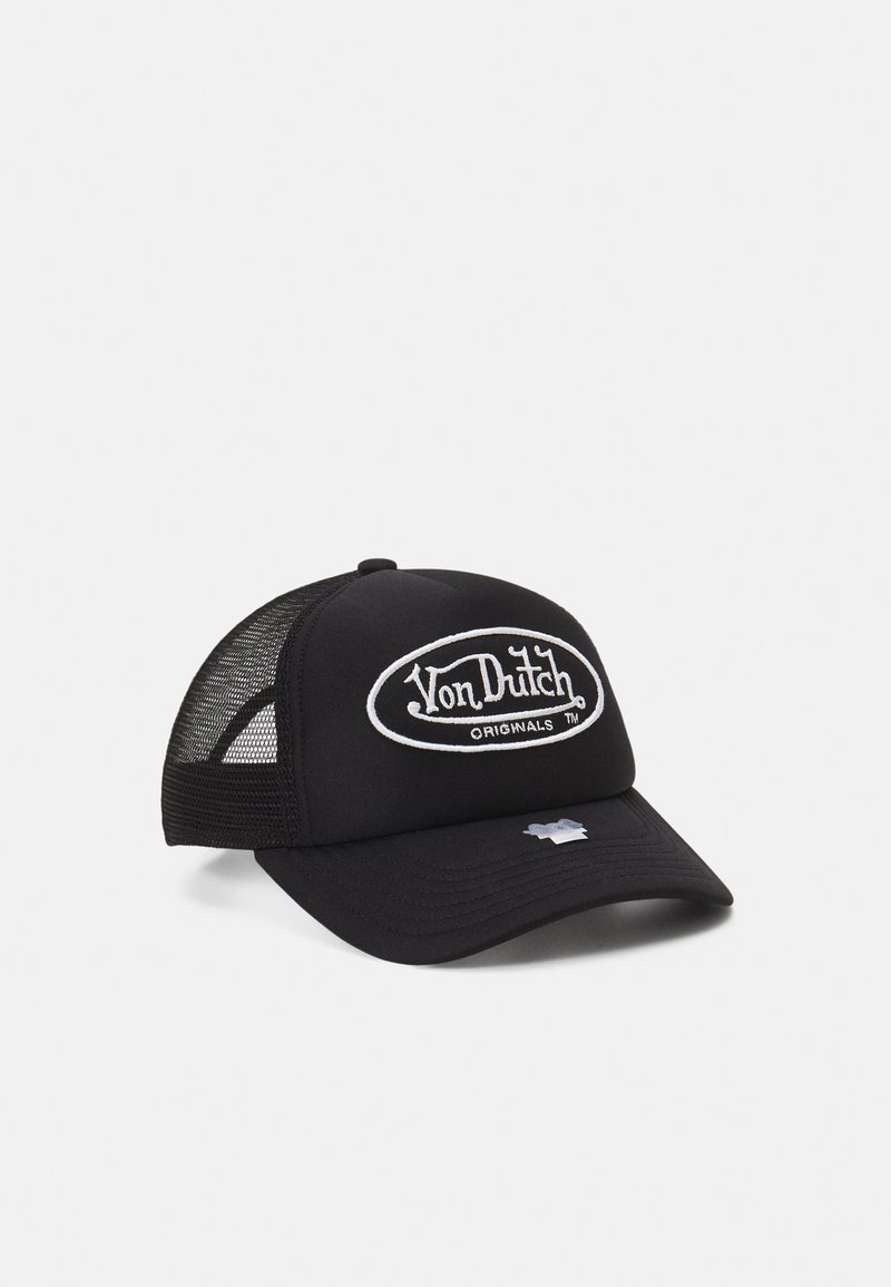 Fekete baseball sapka hálós oldalakkal, fehér hímezett logóval, amelyen az áll: "Von Dutch ORIGINALS." Ívelt napellenző és állítható snapback zárás.