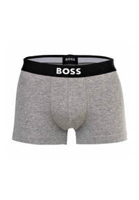 Graue Baumwollboxershorts mit einem schwarzen Bund, der das Wort "BOSS" in Weiß zeigt. Mit einer enganliegenden Form und glatter Textur gestaltet.