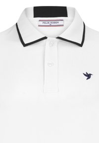 Camisa polo blanca de algodón con collares negros. Presenta tres botones y un logotipo bordado de un pájaro en color marino en el lado izquierdo.