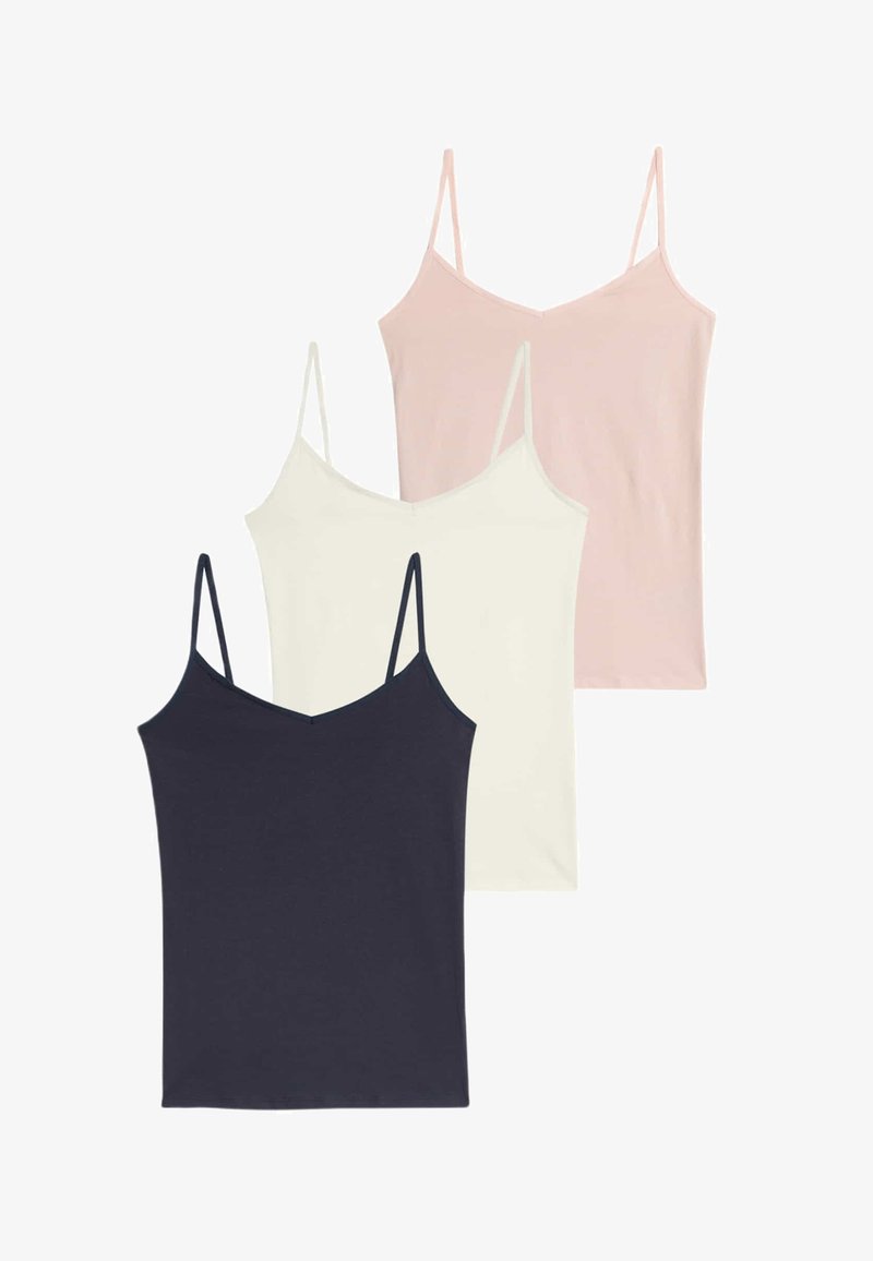 Trois débardeurs en noir, blanc et rose pâle. Chaque top présente des fines bretelles et un décolleté en V, fabriqué à partir d'un tissu doux et extensible.