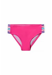Costume da bagno rosa con vita elastica, caratterizzato da tre strisce orizzontali di accento in vari colori pastello sui lati. Texture liscia.