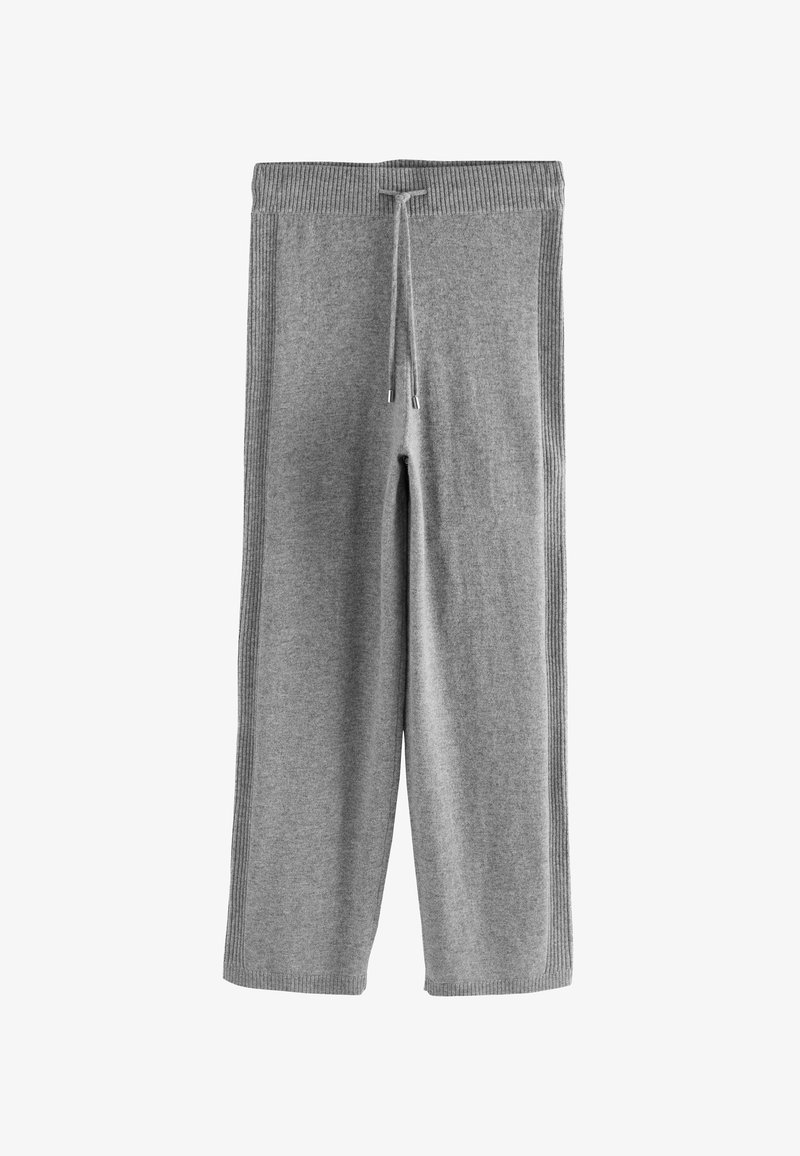 Gray sweatpants made of soft fabric, featuring a ribbed waistband and side trim, with an adjustable drawstring and straight leg design.