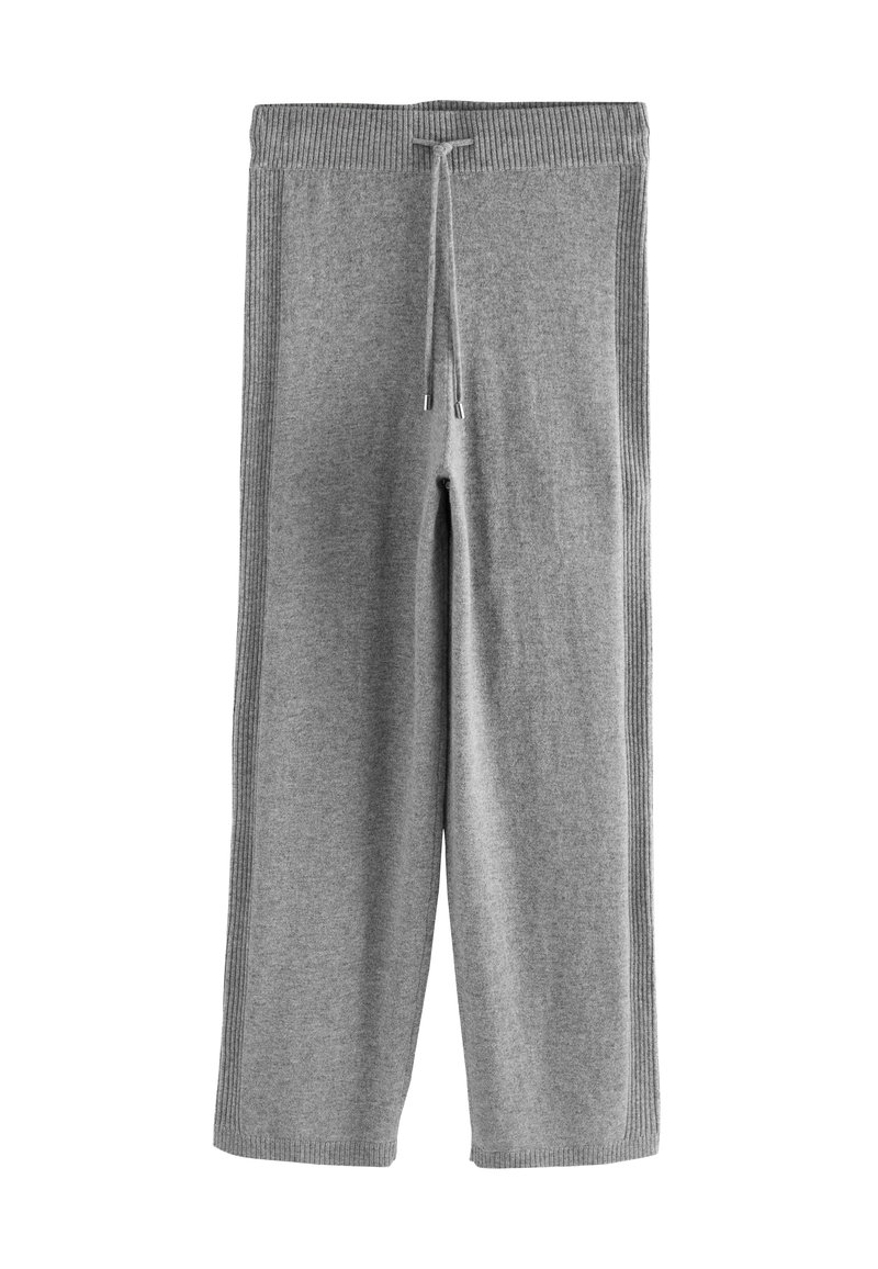 Gray sweatpants made of soft fabric, featuring a ribbed elastic waistband, adjustable drawstring, and side ribbed accents.