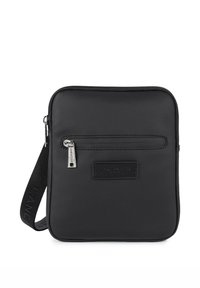 Borsa a tracolla nera in nylon con forma rettangolare, dotata di una tasca frontale con zip e di un'etichetta del marchio. Completata da una robusta tracolla.