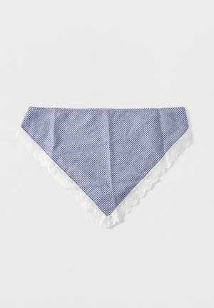 Blue and white gingham triangular bandana with white lace trim along the edges, laid flat on a white background.
