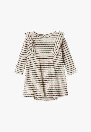 Pletena obleka z dolgimi rokavi, ki ima kremasto podlago z bordo črtami in nabranimi detajli okoli izreza in ramen.