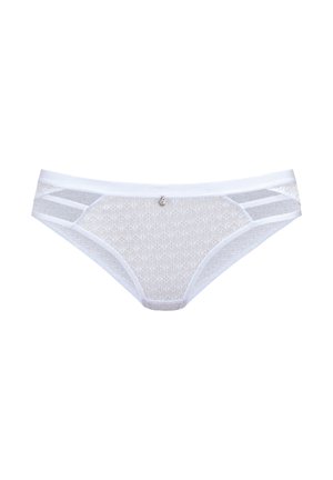 Culotte en dentelle blanche avec motif géométrique, dotée de panneaux latéraux transparents et d'un petit détail décoratif à l'avant.