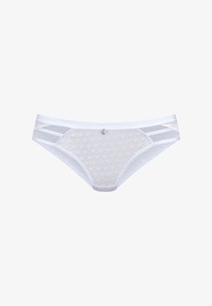 Mutandine bianche in pizzo con motivo geometrico, caratterizzate da pannelli laterali trasparenti e un piccolo dettaglio decorativo al centro davanti.