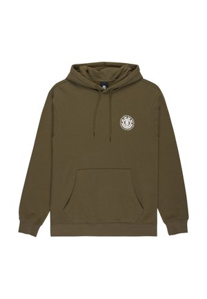 Olive green hoodie with a front pocket, adjustable drawstring hood, and a white logo on the chest. Made from soft, textured fabric.